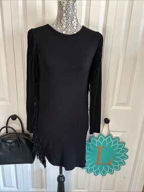 Black Fringe Long Sleeve Dress - Women's